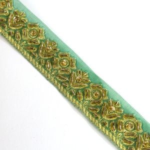 www.houseofadorn.com - Beaded Trim - Lurex Trim with Sequin &amp; Beads - Embellished Beaded Florals 2cm Style 10232 (Price per 1m) - Green with Gold