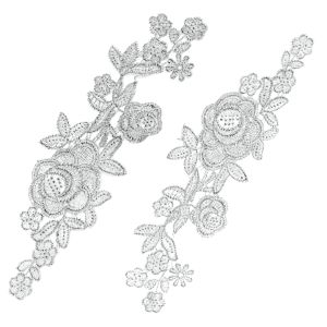 www.houseofadorn.com - Motif Lace Guipure Floral Metallic Foiled Applique 27cm Style 6763 (Price per pair) - White/Silver
