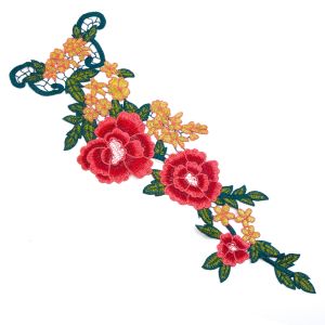 www.houseofadorn.com - Motif Embroidered Roses & Flower Train Applique 45cm Style 7238 - Red / Gold
