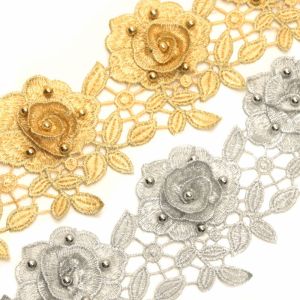 www.houseofadorn.com - Embroidered Trim w Beading - Roses &amp; Leaves Applique 9cm Style 9673 (Price per 1m)