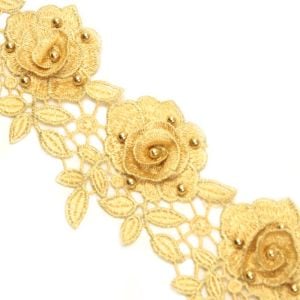 www.houseofadorn.com - Embroidered Trim w Beading - Roses &amp; Leaves Applique 9cm Style 9673 (Price per 1m) - Gold