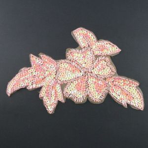 www.houseofadorn.com - Motif Sequin & Beaded Large Flower w Leaves Applique - Coral Pink