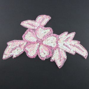www.houseofadorn.com - Motif Sequin & Beaded Large Flower w Leaves Applique - Candy Pink/Baby Pink