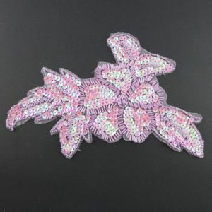 www.houseofadorn.com - Motif Sequin & Beaded Large Flower w Leaves Applique - Lilac/Candy Pink