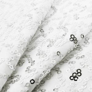 www.houseofadorn.com - Spandex Nylon Lycra 4 Way Stretch Fabric W150cm/190gm - Bedazzled/Zsa Zsa w Sequins (Price per 1m) - Silver Metallic on White