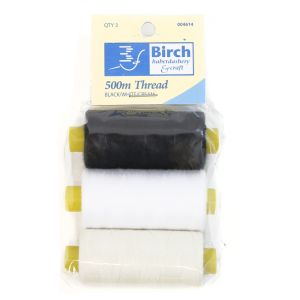 www.houseofadorn.com - Birch Polyester Sewing Thread Spools 500m (Pack of 3) - White/Black/Cream
