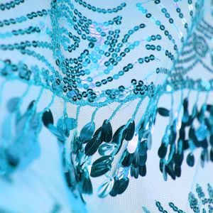 www.houseofadorn.com - Sequin Fabric - Bella Hanging Oval Sequins w Scalloped Edging Mesh Net W140cm Style 5188 (Price per 1m) - Aqua Blue