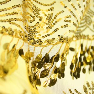 www.houseofadorn.com - Sequin Fabric - Bella Hanging Oval Sequins w Scalloped Edging Mesh Net W140cm Style 5188 (Price per 1m) - Gold