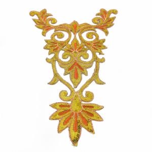 www.houseofadorn.com - Motif Iron-On Embroidered &amp; Sequin Royal Swirl Collar Applique 24cm Style 4998 - Light Orange