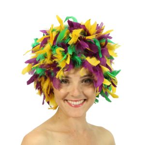 www.houseofadorn.com - Wigs Feather Turkey Chandelle Wig - Green / Purple / Yellow (Mardi Gras)