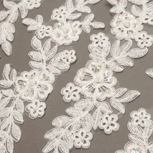 www.houseofadorn.com - Motif Lace Sequin & Beaded Alencon Inspired Rayon Applique 25cm Floral Style 11298 (Price per pair)