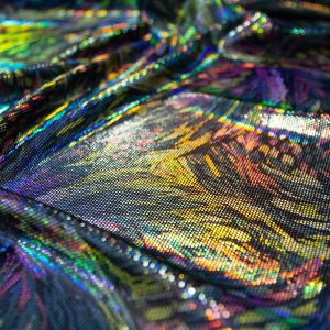 www.houseofadorn.com - Velvet Spandex Lycra 4 Way Stretch Fabric W150cm - Multicoloured Feather Fireworks Holographic Foil Finish  (Price per 1m)