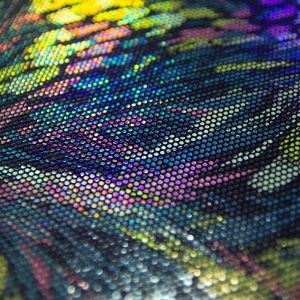 www.houseofadorn.com - Velvet Spandex Lycra 4 Way Stretch Fabric W150cm - Multicoloured Feather Fireworks Holographic Foil Finish  (Price per 1m) - Multicolour on Black