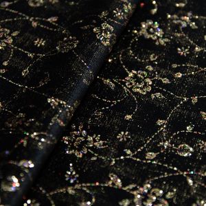 www.houseofadorn.com - Velvet Spandex Lycra 2 Way Stretch Fabric W150cm - Gold Floral Print with Rainbow Glitter (Price per 1m) - Black and Gold