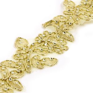 www.houseofadorn.com - Embroidered Trim w Crystals - Floral Vine Applique 4cm Style 5164 (Price per 1m) - Gold