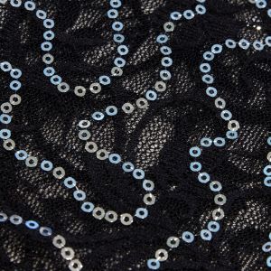 www.houseofadorn.com - Mesh Polyester Stretch Fabric W150cm - Stretch Lace Floral Sequin Swirl (Price per 1m) - Silver on Black