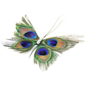 www.houseofadorn.com - Motif Peacock Feather & Diamante Butterfly Applique 14cm Style 6758 - Natural