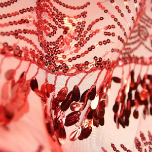 www.houseofadorn.com - Sequin Fabric - Bella Hanging Oval Sequins w Scalloped Edging Mesh Net W140cm Style 5188 (Price per 1m) - Red