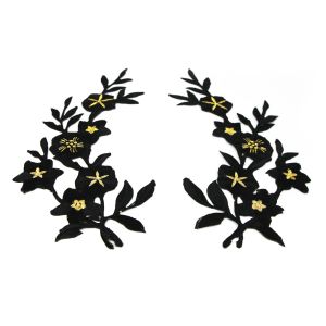 www.houseofadorn.com - Motif Iron-On Embroidered Wild Savanna Flower Applique Style 4991 22cm (Price per pair) - Black