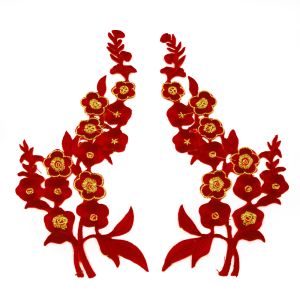 www.houseofadorn.com - Motif Iron-On Embroidered Wild Rose Flower Spray Applique Style 4985 (Price per pair) - Maroon Red