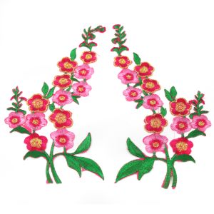 www.houseofadorn.com - Motif Iron-On Embroidered Wild Rose Flower Spray Applique Style 4985 (Price per pair) - Pink / Green
