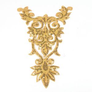 www.houseofadorn.com - Motif Iron-On Embroidered & Sequin Royal Swirl Collar Applique 24cm Style 4998 - Gold