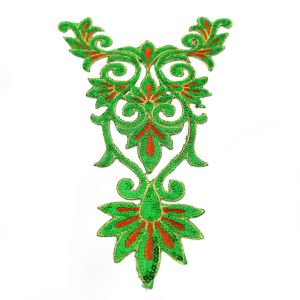 www.houseofadorn.com - Motif Iron-On Embroidered & Sequin Royal Swirl Collar Applique 24cm Style 4998 - Emerald Green