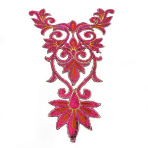 www.houseofadorn.com - Motif Iron-On Embroidered & Sequin Royal Swirl Collar Applique 24cm Style 4998 - Hot Pink