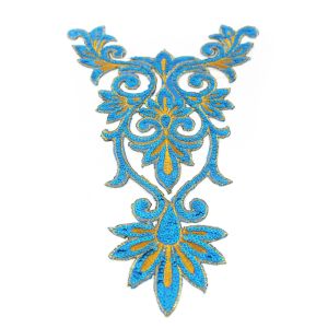 www.houseofadorn.com - Motif Iron-On Embroidered & Sequin Royal Swirl Collar Applique 24cm Style 4998 - Turquoise