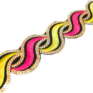 www.houseofadorn.com - Sequin Trim - Iron-On Embroidered Wavey 5cm Style 5112 (Price per 1.2m length) - Fuchsia/Yellow