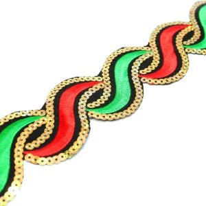www.houseofadorn.com - Sequin Trim - Iron-On Embroidered Wavey 5cm Style 5112 (Price per 1.2m length) - Red/Green