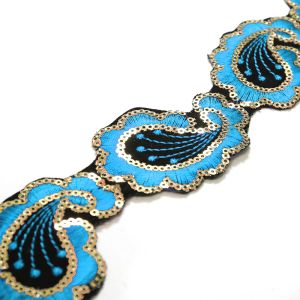 www.houseofadorn.com - Sequin Trim - Iron-On Embroidered Paisley 4.5cm Style 5111 (Price per 1.2m length) - Turquoise Blue