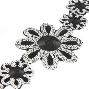 www.houseofadorn.com - Sequin Trim - Iron-On Embroidered Sun Flower 9cm Style 5110 (Price per 1.2m length) - Black/Silver