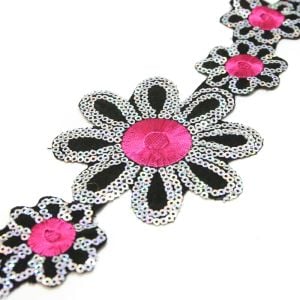 www.houseofadorn.com - Sequin Trim - Iron-On Embroidered Sun Flower 9cm Style 5110 (Price per 1.2m length) - Pink/Silver Hologram