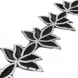 www.houseofadorn.com - Sequin Trim - Iron-On Embroidered Lotus Flower 7.5cm Style 5107 (Price per 1.2m length) - Black