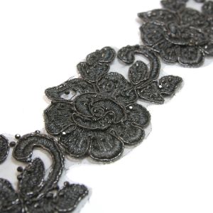 www.houseofadorn.com - Embroidered Trim w Crystals - Rose Bloom Applique 5cm Style 5165 (Price per 1m) - Black