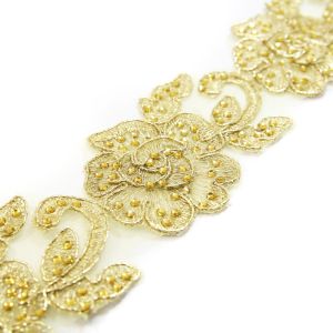 www.houseofadorn.com - Embroidered Trim w Crystals - Rose Bloom Applique 5cm Style 5165 (Price per 1m) - Gold