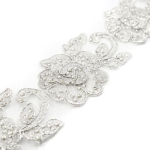 www.houseofadorn.com - Embroidered Trim w Crystals - Rose Bloom Applique 5cm Style 5165 (Price per 1m) - Silver