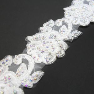 www.houseofadorn.com - Embroidered Trim w Crystals - Rose Bloom Applique 5cm Style 5165 (Price per 50cm) - White AB