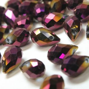 www.houseofadorn.com - Glass Crystal Beads - Teardrop Briolette Faceted Pendant Metallic 8x13mm (Pack of 12) - Magenta