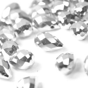 www.houseofadorn.com - Glass Crystal Beads - Teardrop Briolette Faceted Pendant Metallic 8x13mm (Pack of 12) - Silver
