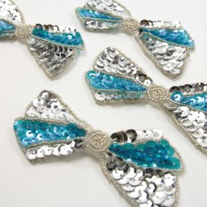 www.houseofadorn.com - Motif Sequin & Beaded Bow Tie 10cm - Silver & Blue