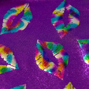 www.houseofadorn.com - Spandex Nylon Lycra 4 Way Stretch Fabric W150cm/200gsm - Fog/Mystique with Rainbow Kissing Lips (Price per 1m) - Purple