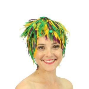 www.houseofadorn.com - Wigs Feather Hackle Wig - Green / Purple / Yellow (Mardi Gras)