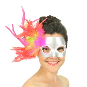www.houseofadorn.com - Mask Masqerade Metallic w Bright Coque & Turkey Feathers (Style 2781) - Silver